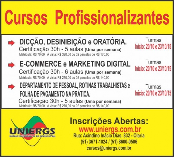 CURSOS PROFISSIONALIZANTES EM CAMAQUÃ! INSCRIÇÕES ABERTAS!